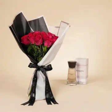 Luxurious Dark Pink Rose Bouquet with Burberry London Perfume for Her