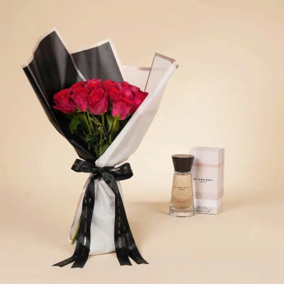 Luxurious Dark Pink Rose Bouquet with Burberry London Perfume for Her
