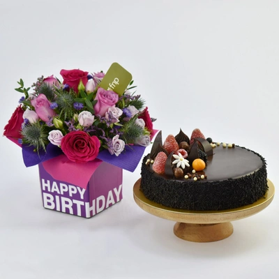 Delicious Chocolate Fudge Cake & Vibrant Birthday Flower Arrangement