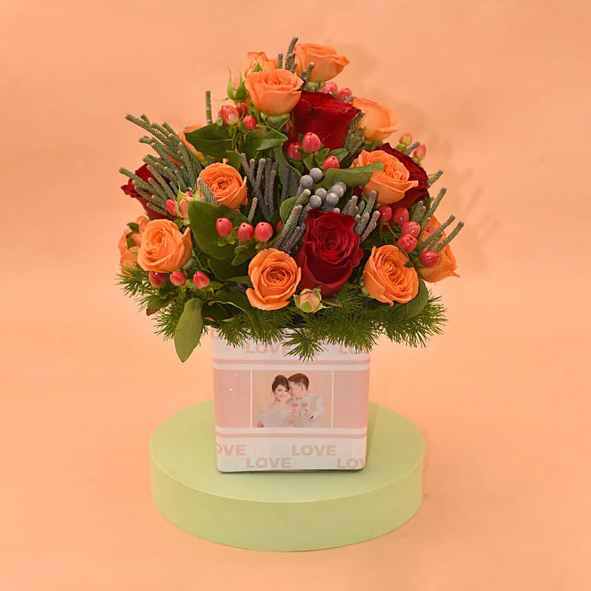 Tempting Roses In Square Personlised Glass Vase
