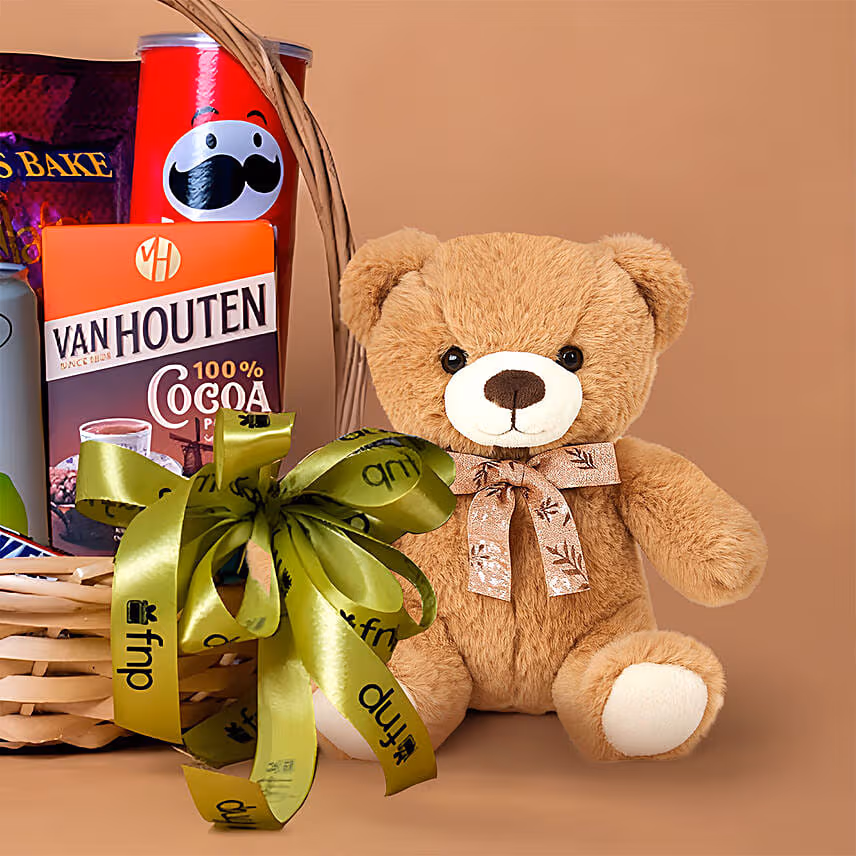 Exotic Chocolates Brown Willow Basket With Teddy
