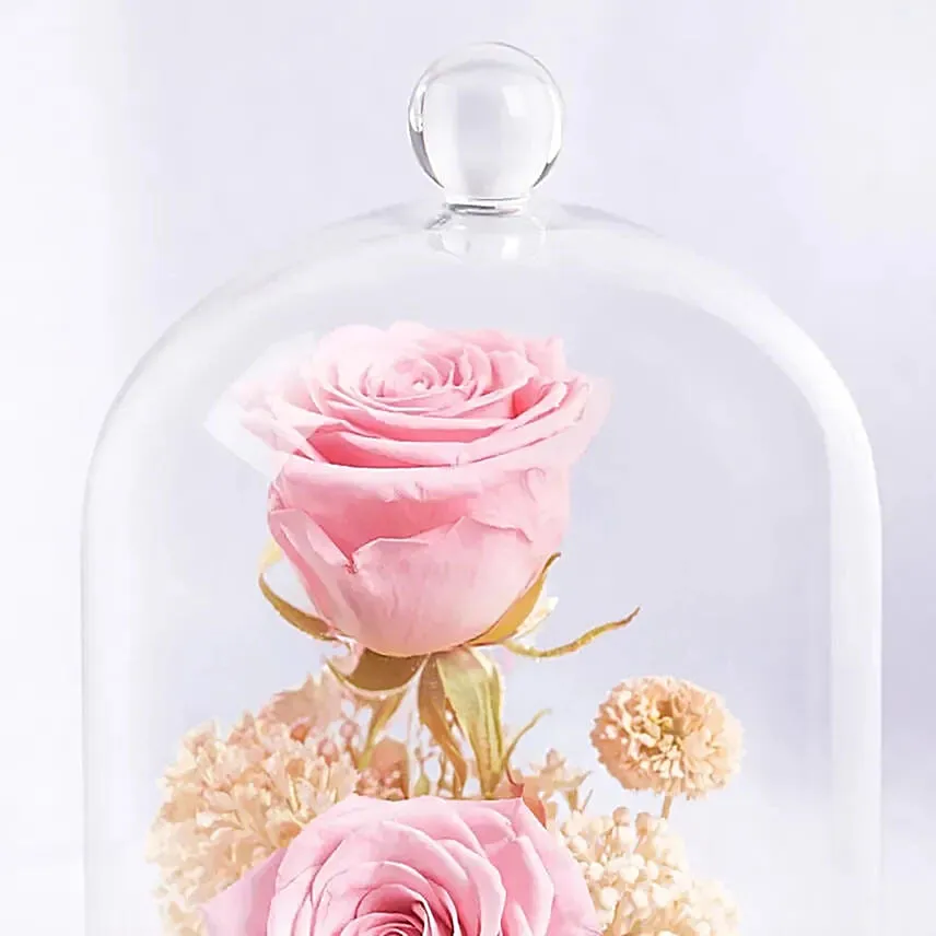 Preserved Pink Roses In Glass Dome For Mom