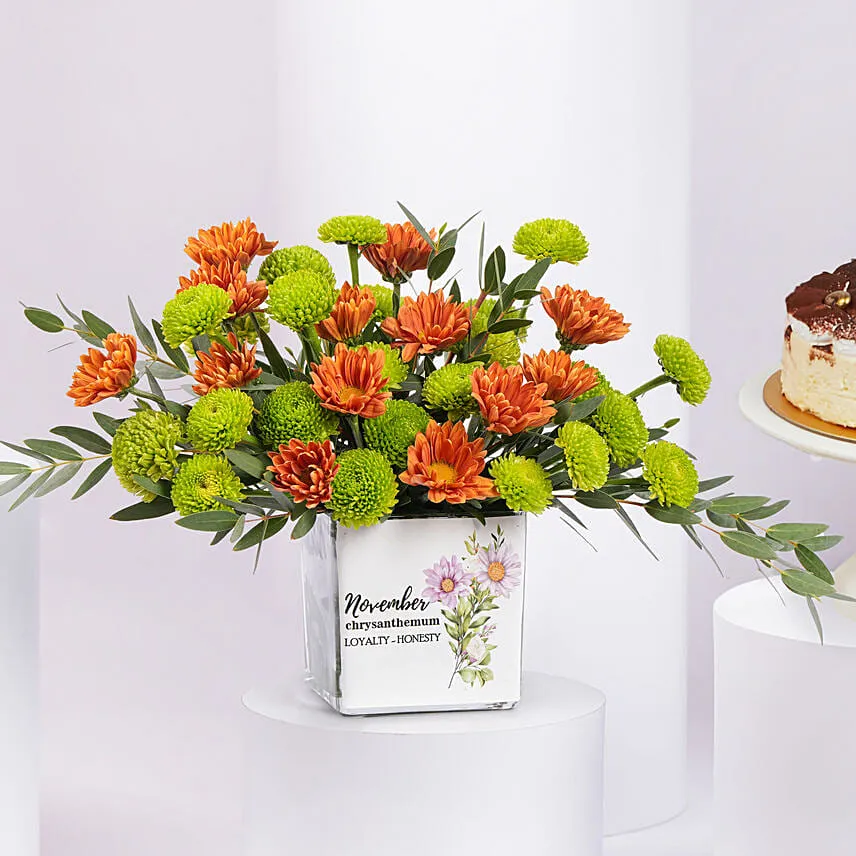 Chrysanthemum Birthday Flowers with Tiramisu Cake