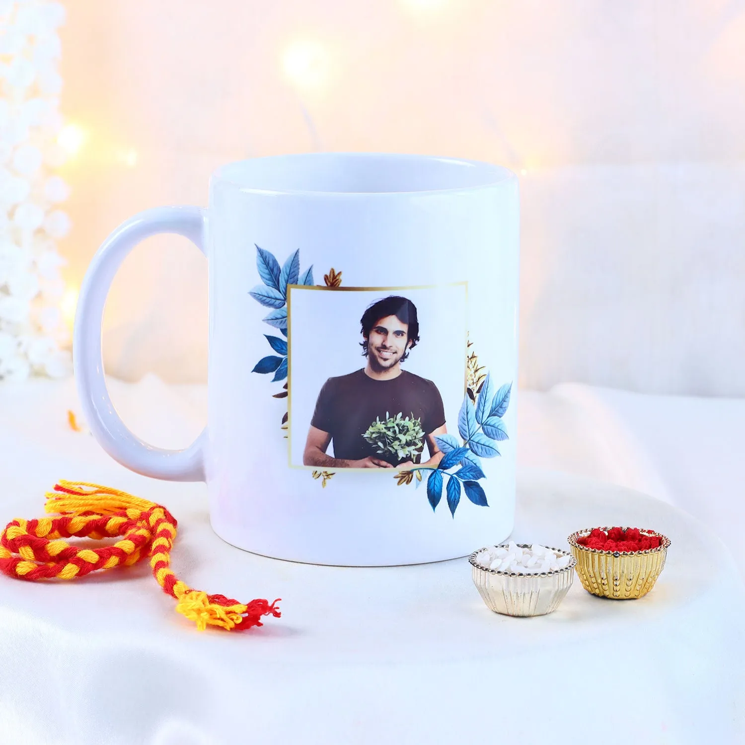 Customizable Picture Perfect Ceramic Mug with Sacred Mauli Thread and Roli-Chawal