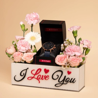 Titan Infinity Display Blue Dial Chronograph Watch with Leather Strap for Men in a Romantic 'I Love You' Flower Box