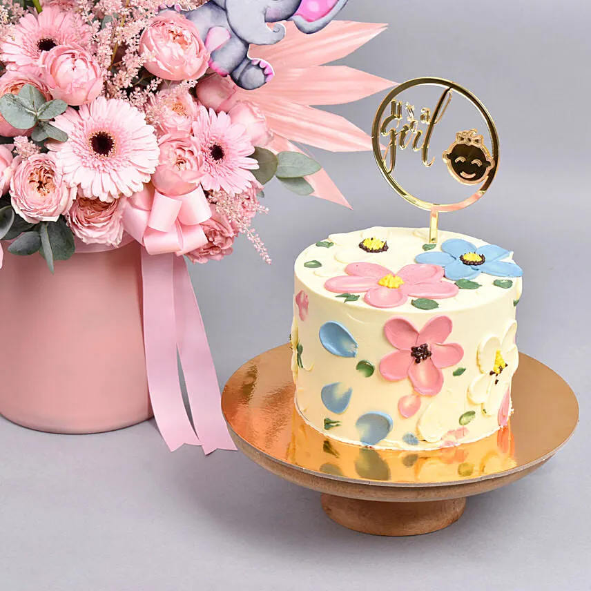 New Born Girl Flowers And Cake