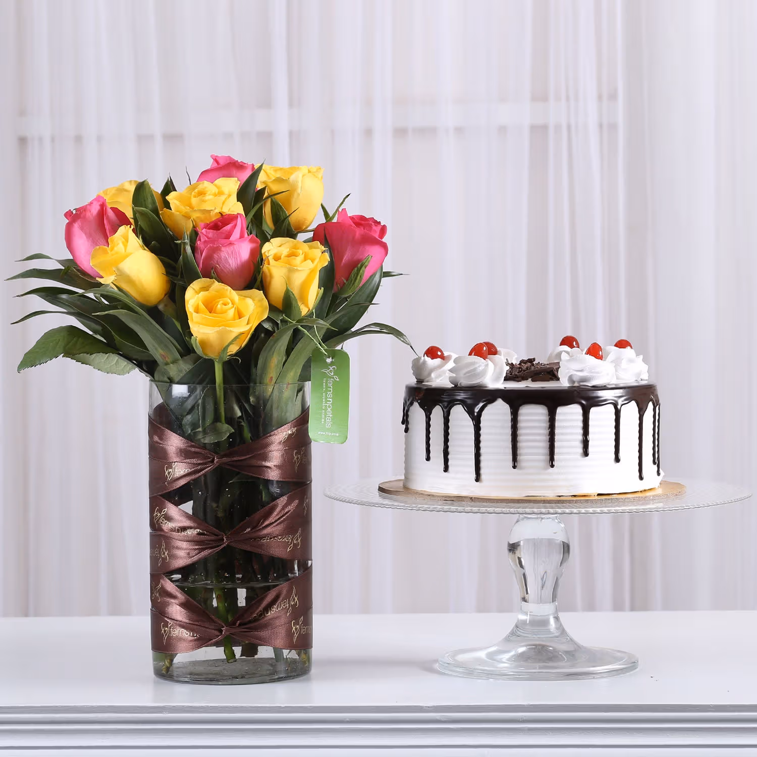 Pink & Yellow Roses Vase & Black Forest Cake