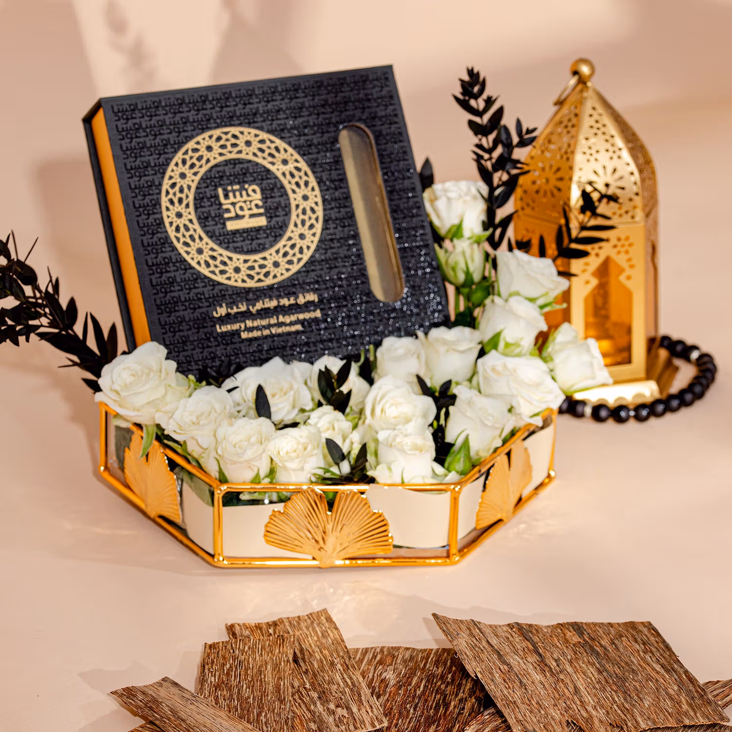 Ramadan Mystic: Luxurious 6 Tola Vietnamese Oud Chips & White Roses Gift Set