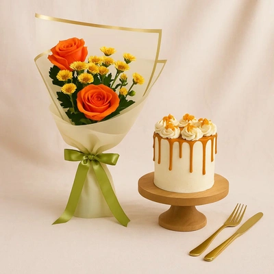 Orange Chrysanthemum & Roses Bouquet - With Cake