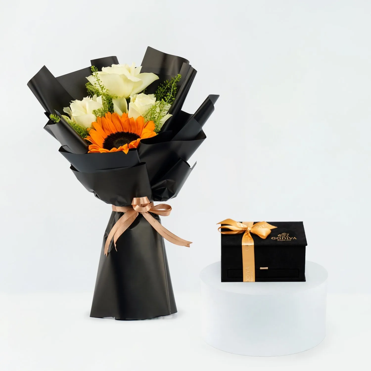 Luxurious Godiva Mini Royal Box with Sunflowers & White Roses Bouquet
