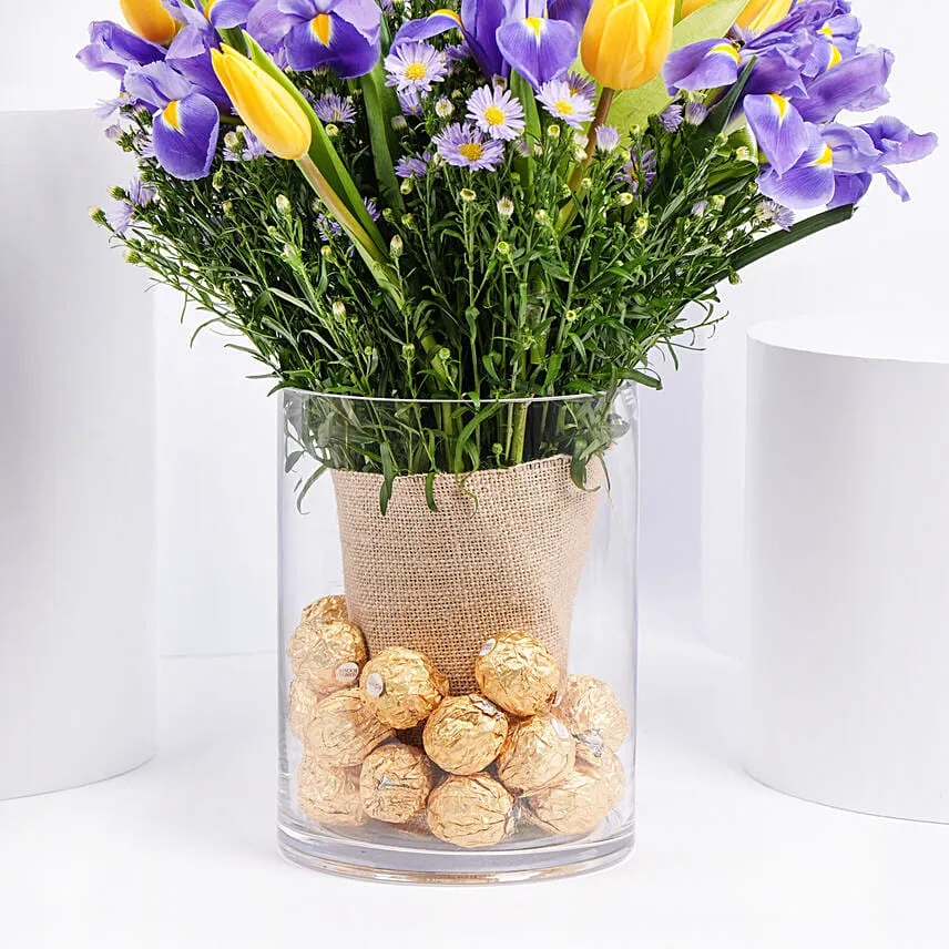 Feb Birthday Flower Iris & Tulips with Rochers