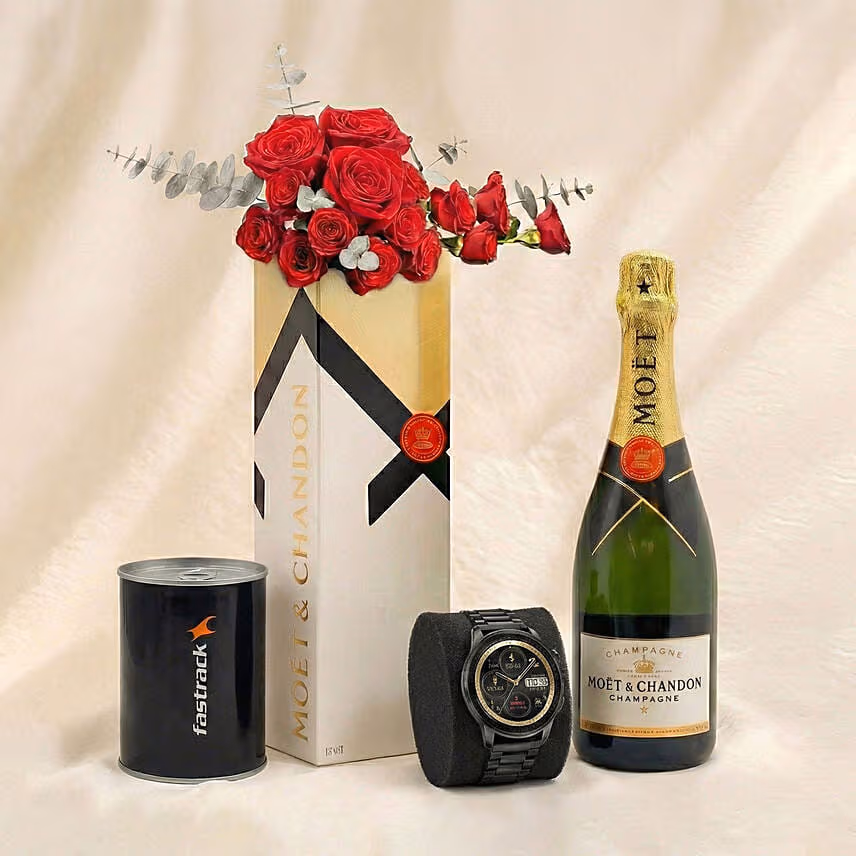 Wine, Roses and Watch Gift for Him