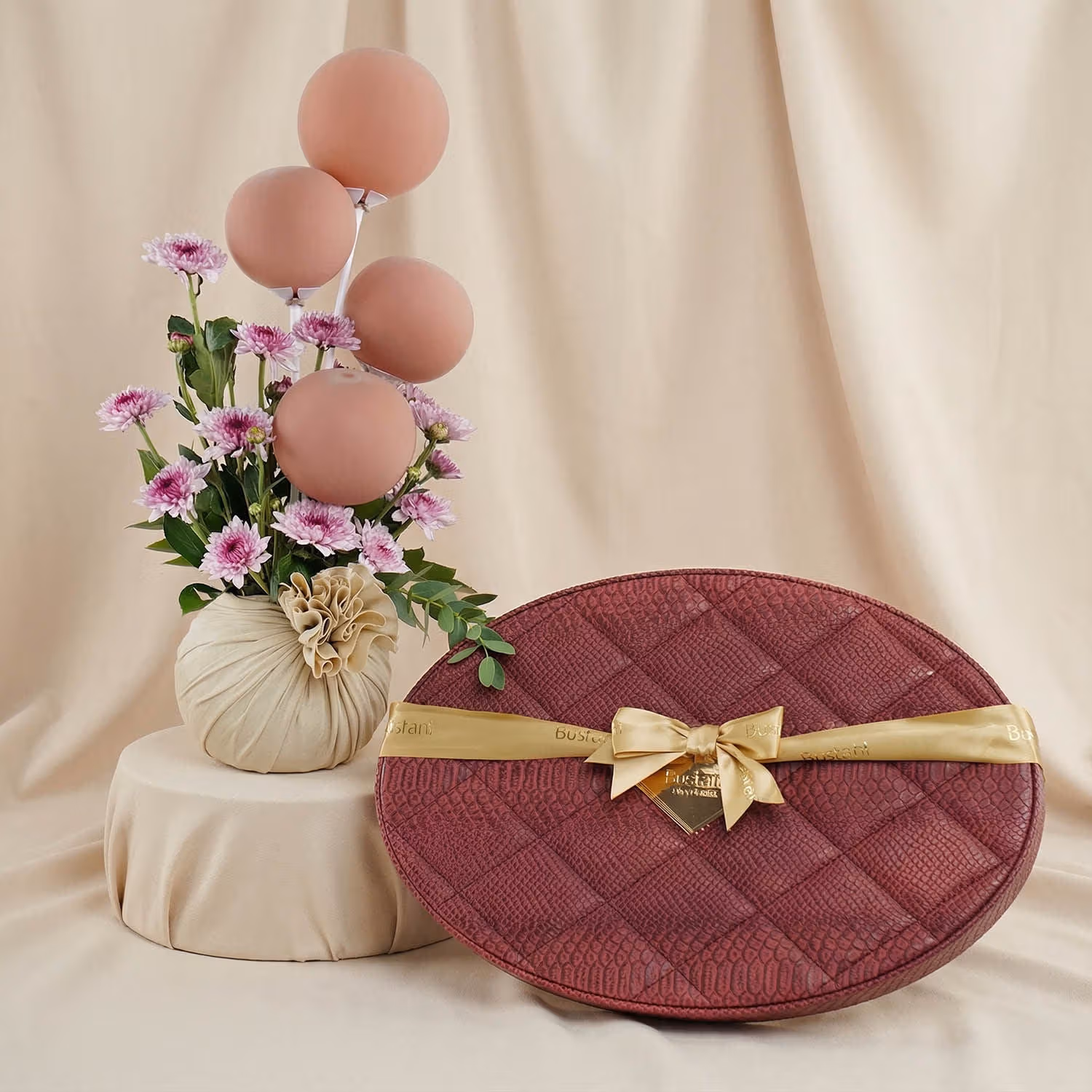 Bostani Chocolate Leather Box with Flower Vase n Balloons