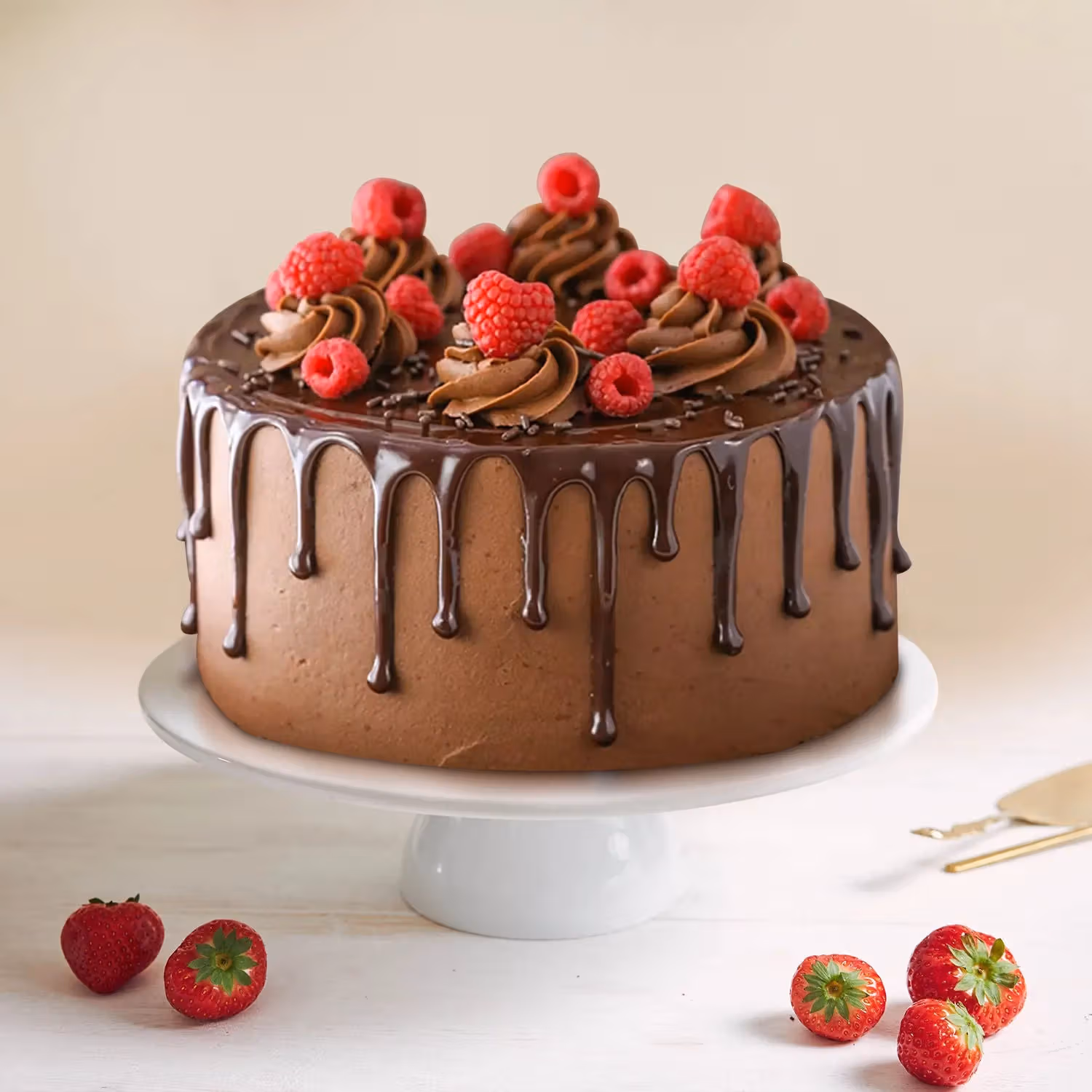 Elegant Birthday Flower Bouquet & Decadent Raspberry Chocolate Cake Combo