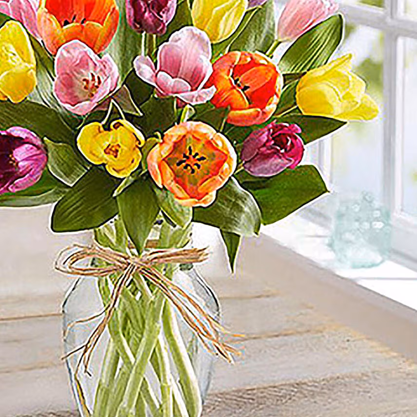 20 Multicolored Tulips In Glass Vase