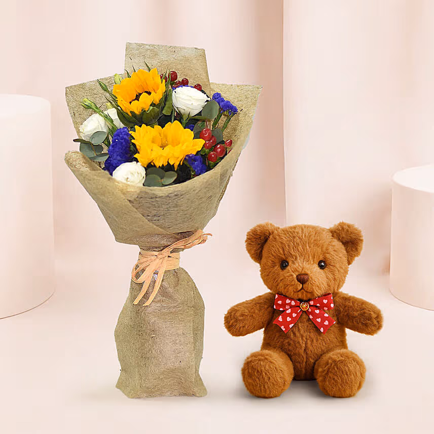 Appealing Mixed Flowers Bouquet With Teddy Bear
