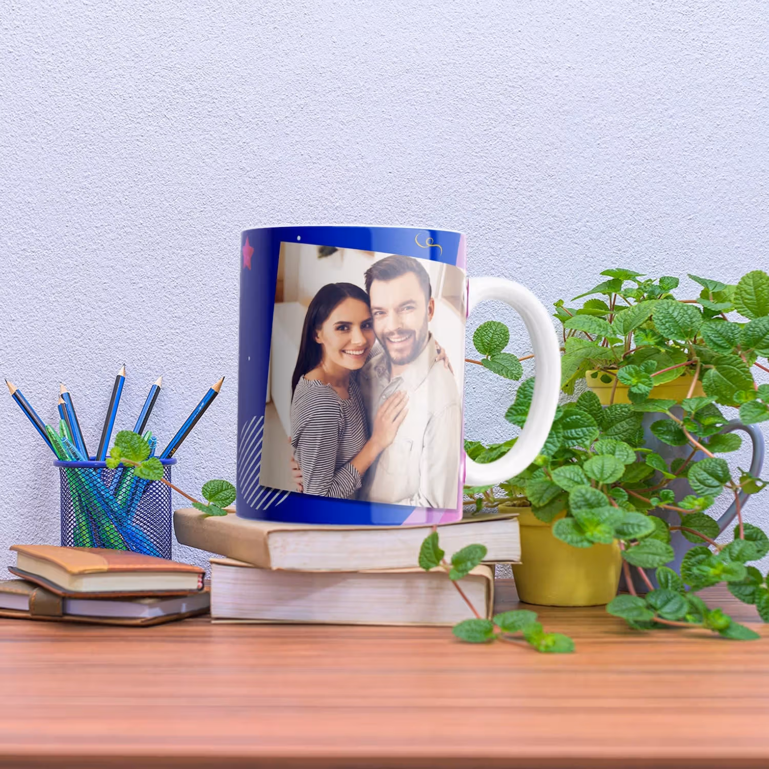 Personalized Deep Blue Birthday Mug with Photo - Ceramic Gift