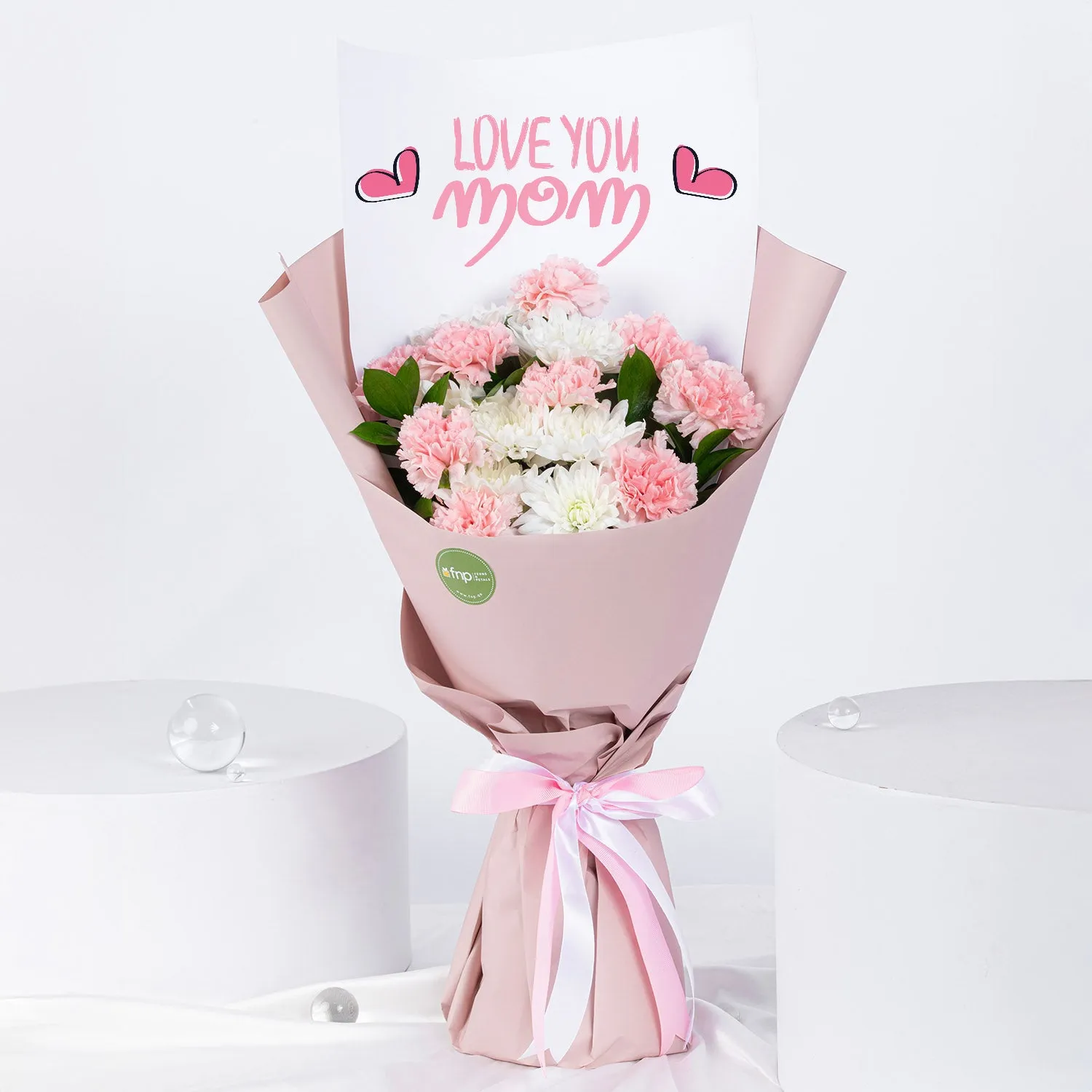 Beautiful 'Mom I Love You' Flower Bouquet - Pink Carnations & White Chrysanthemums