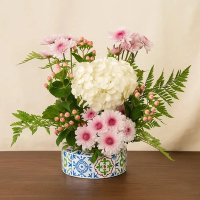 White Hydrangea n Mum Flower Vase