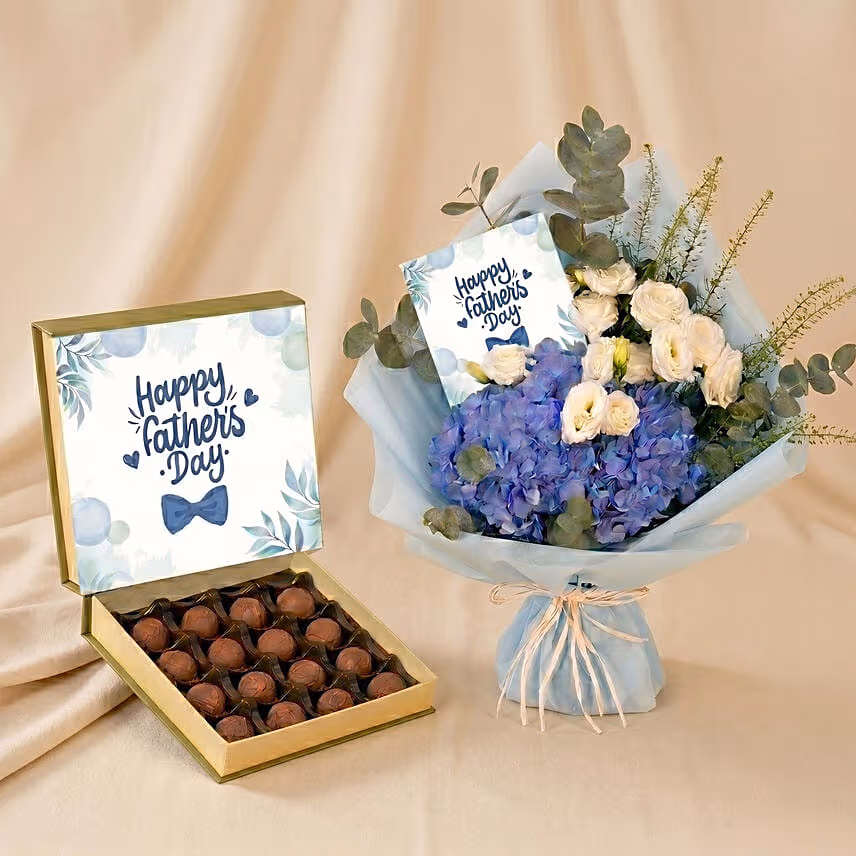 Father's Day Blue Hydrangea Bouquet & Truffle Chocolates