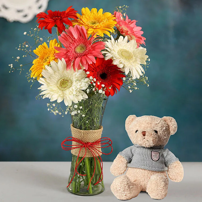 Mixed Brilliance Gerbera Vase with Teddy Bear