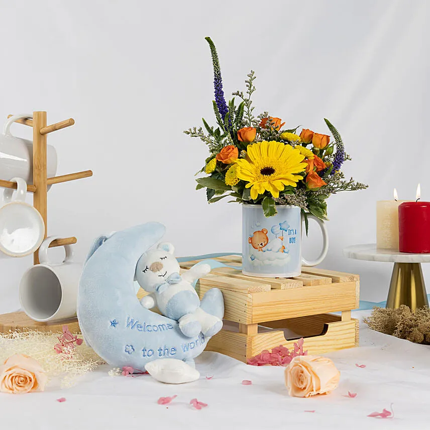 New Born Boy Flowers with Cozy Toy