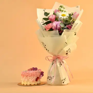 Beautiful Mixed Flowers Bouquet & Floral Heart Choco Cake