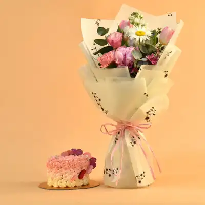 Beautiful Mixed Flowers Bouquet & Floral Heart Choco Cake