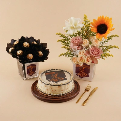 Blessed Hajj Cake, Chocolate and Flower Gift Set