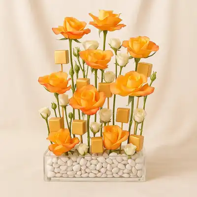 Elegant Arrangement: Orange Roses and Gold Chocolates in Glass Vase