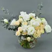 Elegant Fish Bowl Arrangement with Peach Spray Roses and White Lisianthus