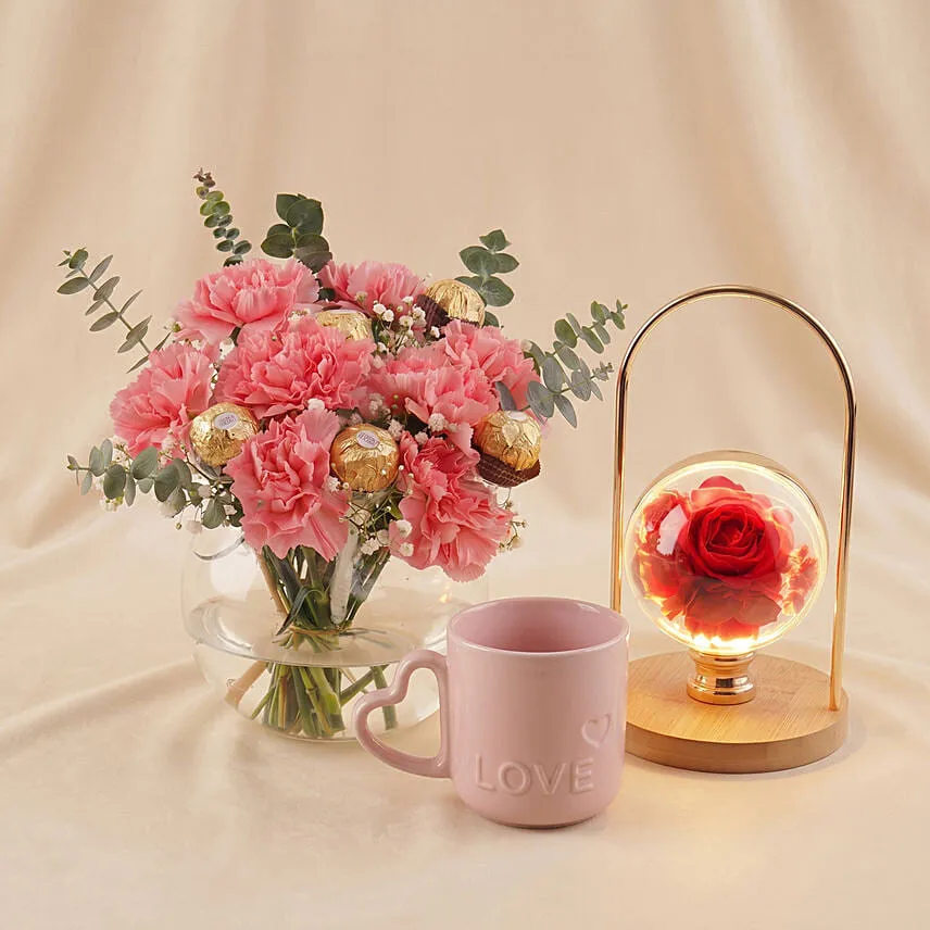 Romantic Rose Lamp, Carnation & Love Mug Gift Set