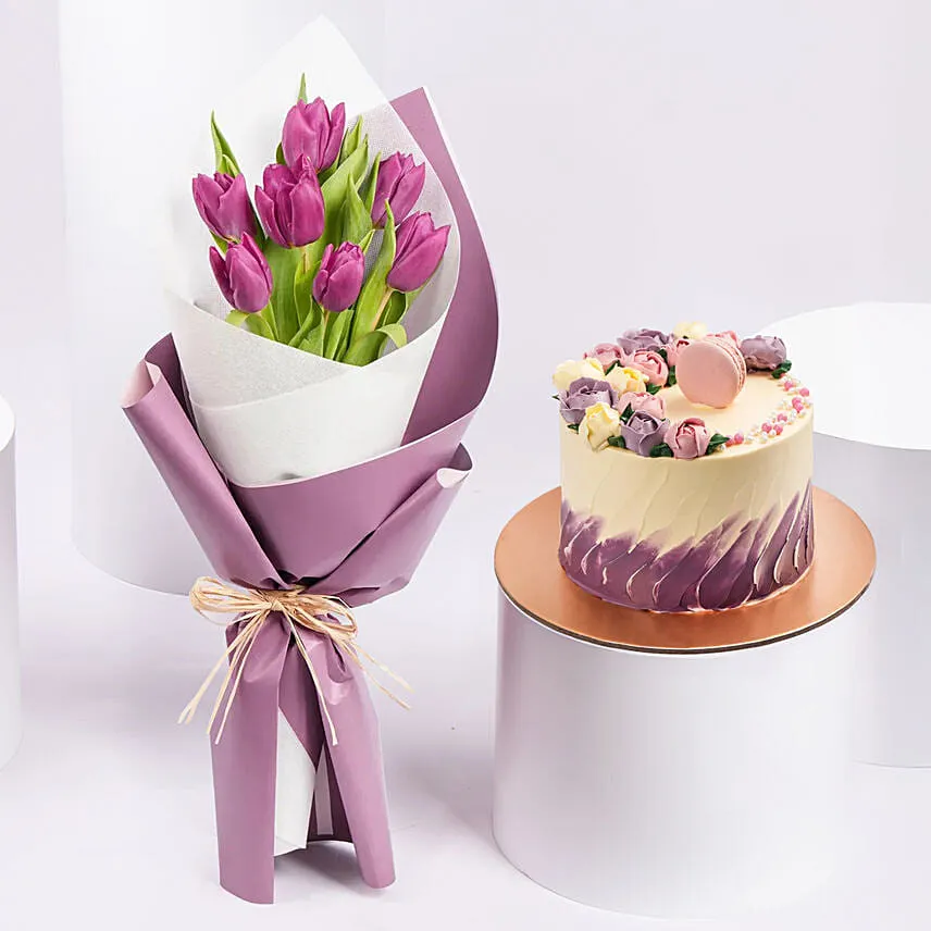 Purple Tulip Bouquet With Macaron Chocolate Delight
