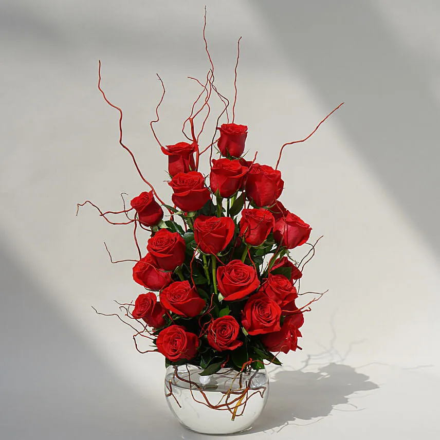 22 Red Roses In A Fish Bowl With I Love You Table Top For Valentines