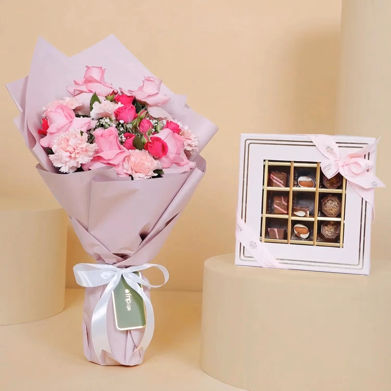 Empire Chocolate Gift Set: Pink Roses Bouquet, Assorted Chocolates, and Baby Girl Balloon