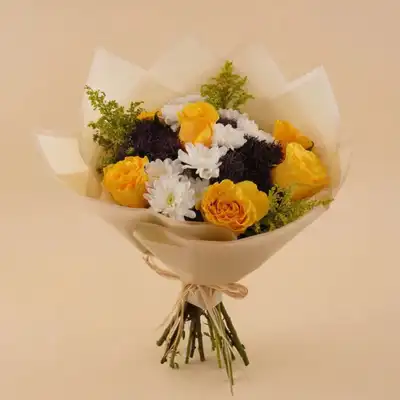 Golden Sunset with Yellow Roses and White Chrysanthemums - Bouquet