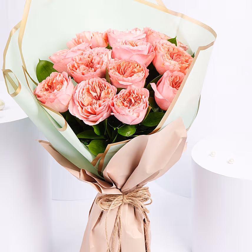12 Pink Garden Roses Premium Bouquet