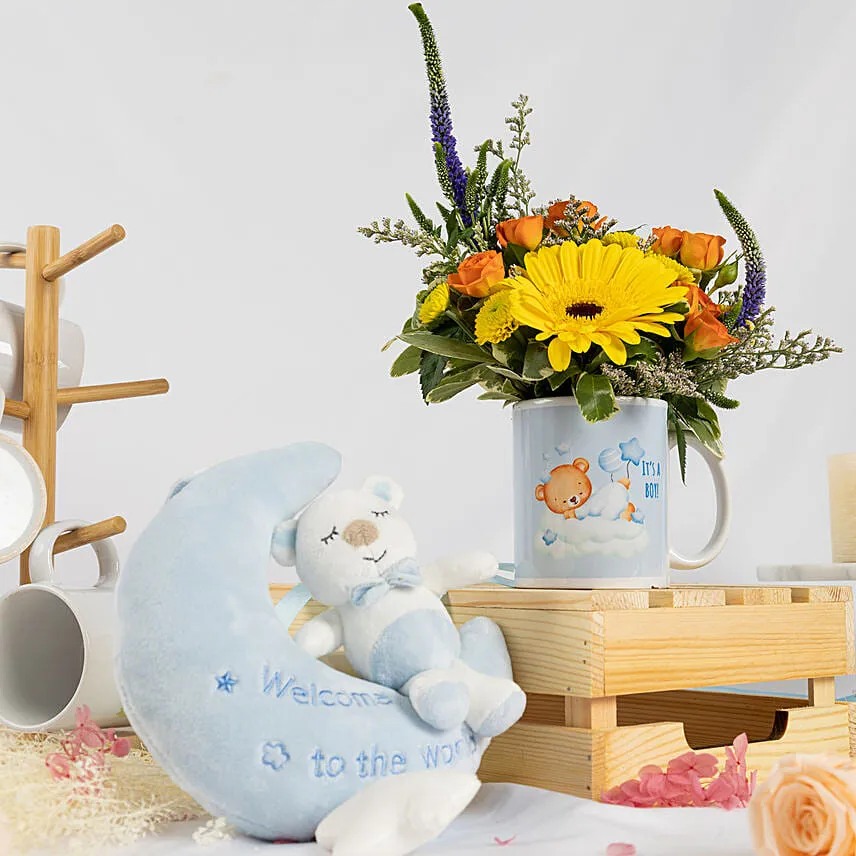 New Born Boy Flowers with Cozy Toy