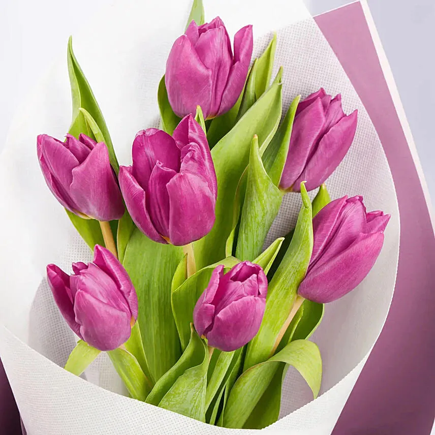 Purple Tulip Bouquet With Macaron Chocolate Delight