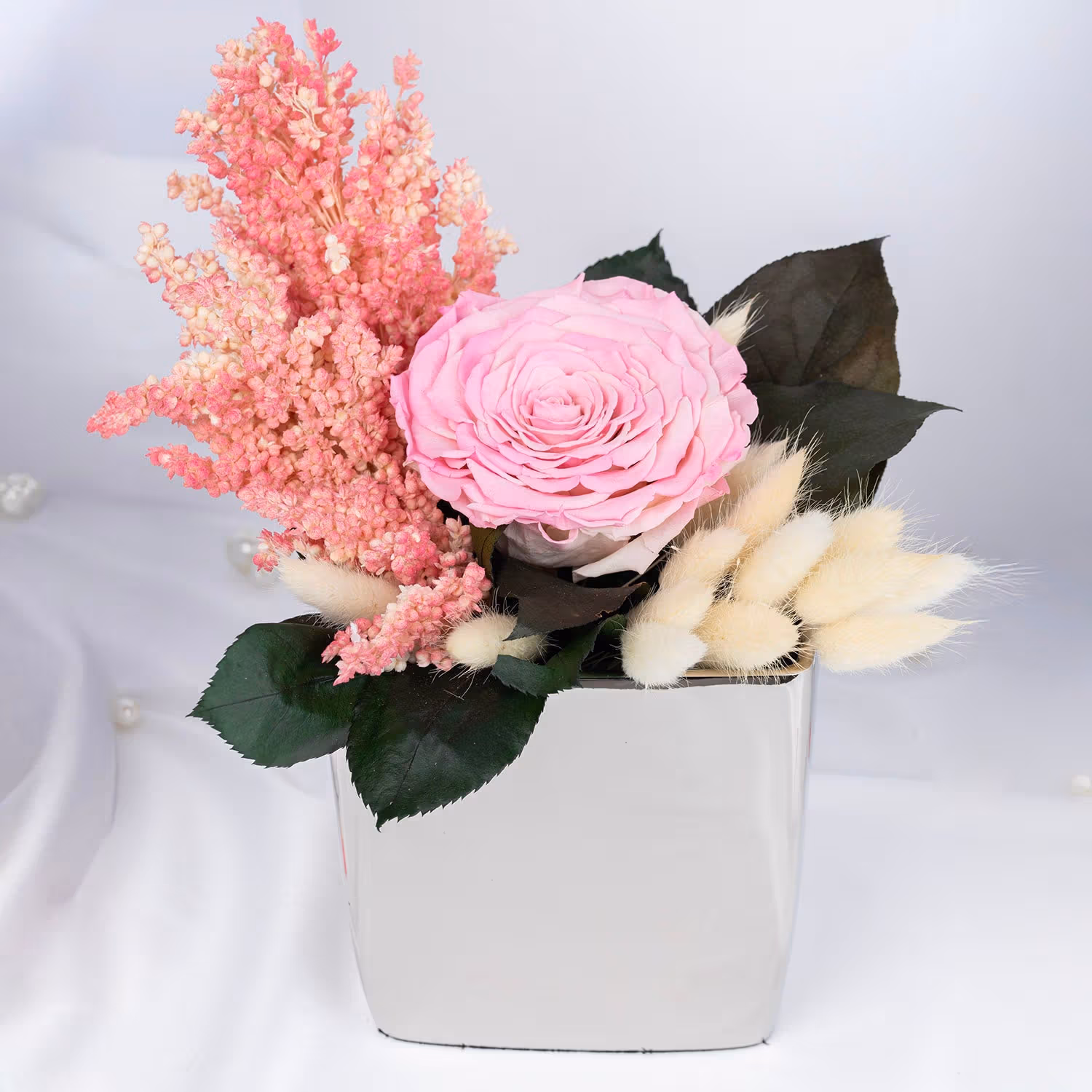 Timeless Pink Radiance | Luxurious Forever Rose in Silver Vase