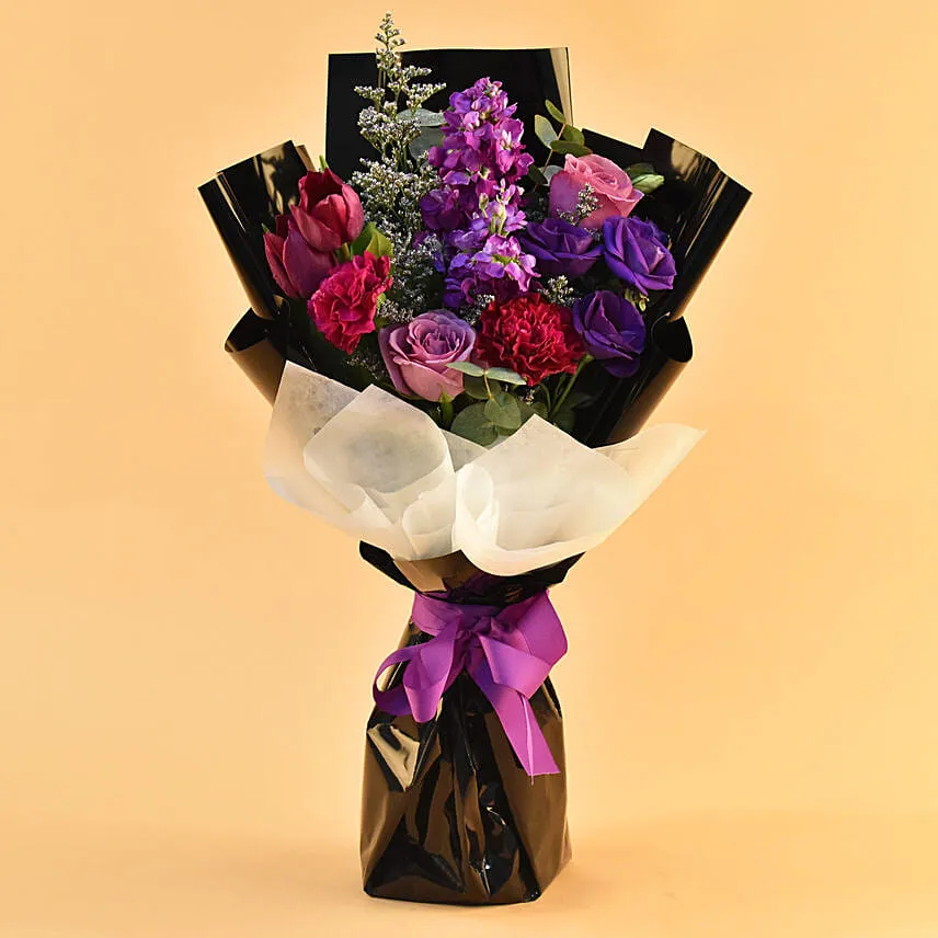 Alluring Mixed Flowers Bouquet with Chocolate Cake
