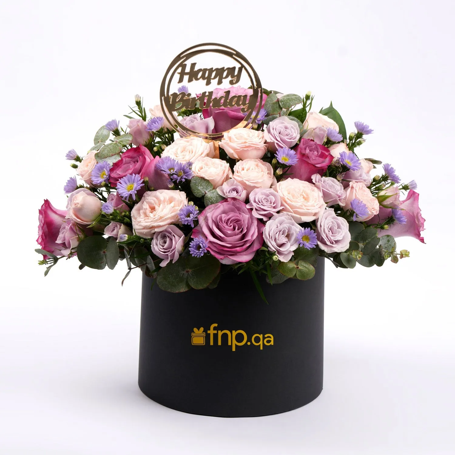 Exquisite Birthday Flowers Box with Purple Roses and Elegant Topper