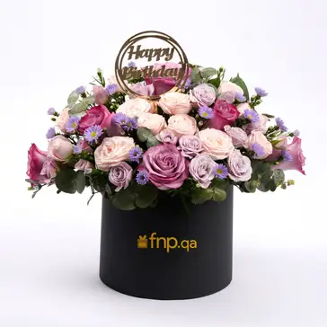 Exquisite Birthday Flowers Box with Purple Roses and Elegant Topper
