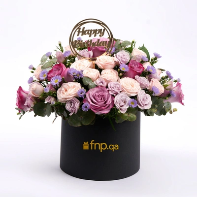 Exquisite Birthday Flowers Box with Purple Roses and Elegant Topper