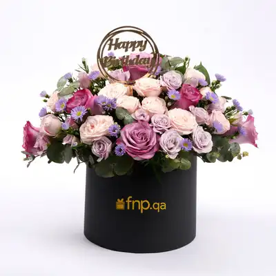 Exquisite Birthday Flowers Box with Purple Roses and Elegant Topper