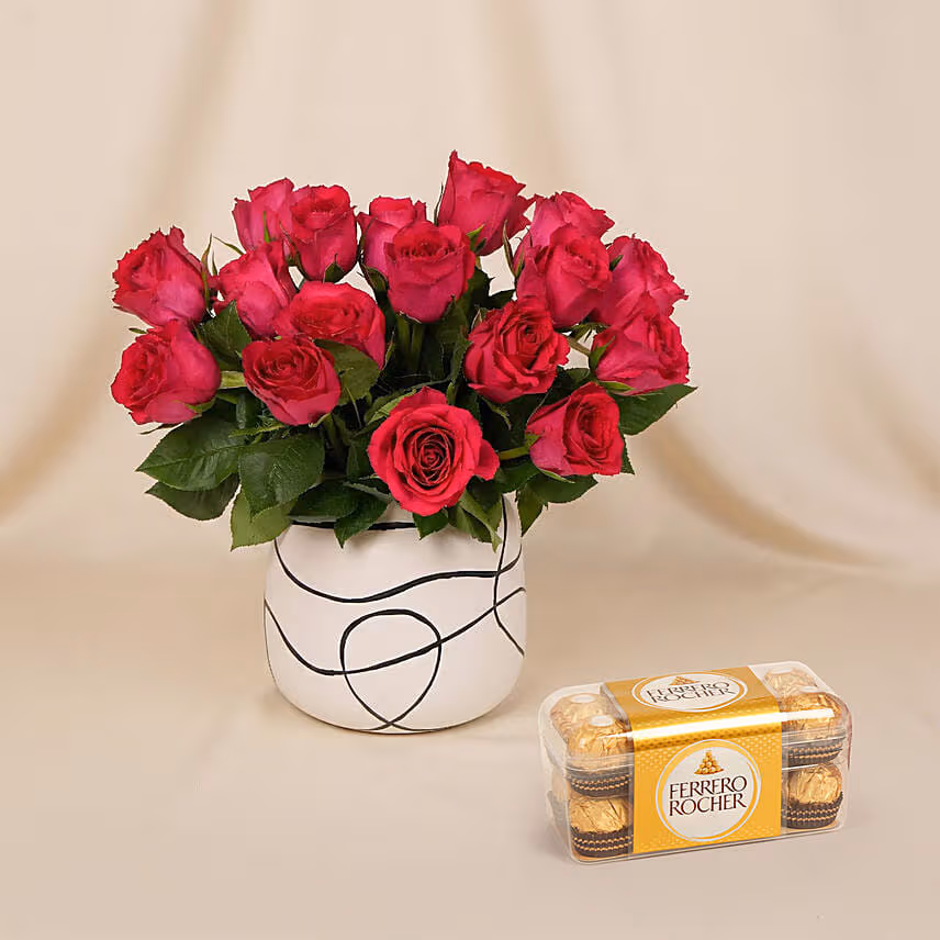 Romantic Dark Pink Roses for Valentine's Day n Chocolates Gift Set