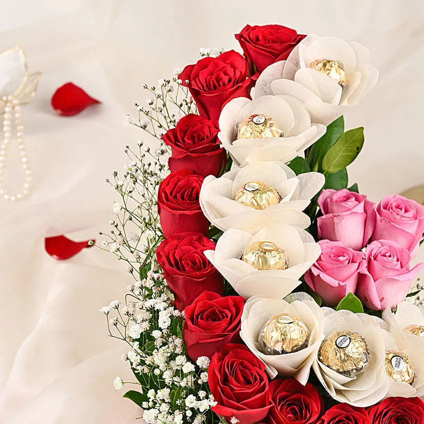 Red Roses Ferrero Rocher Arrangement In Round FNP Box