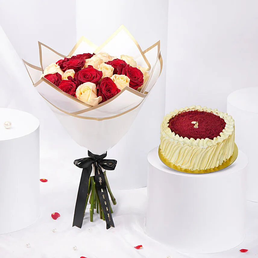 Valentines Roses & Red velvet Cake Combo