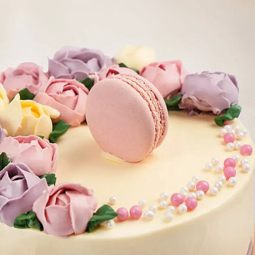 Flowers And Macaroons Chocolate Cake