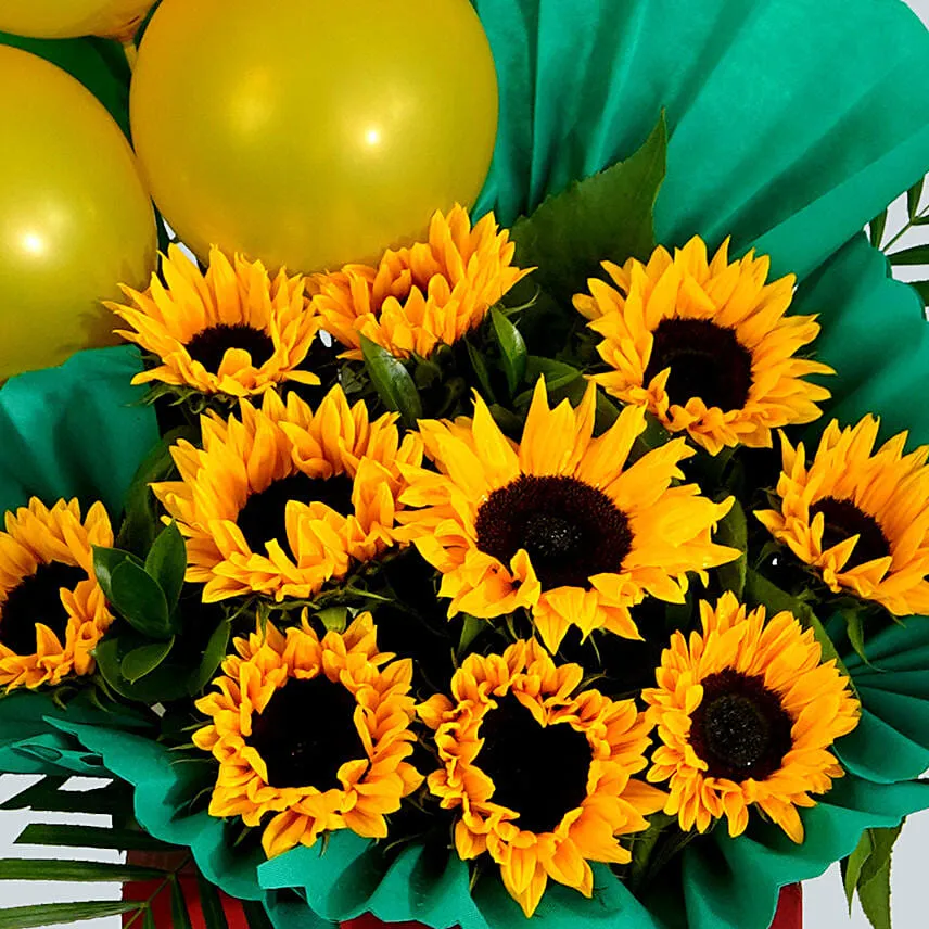 Mixed Flowers Green Balloons Cardboard Stand